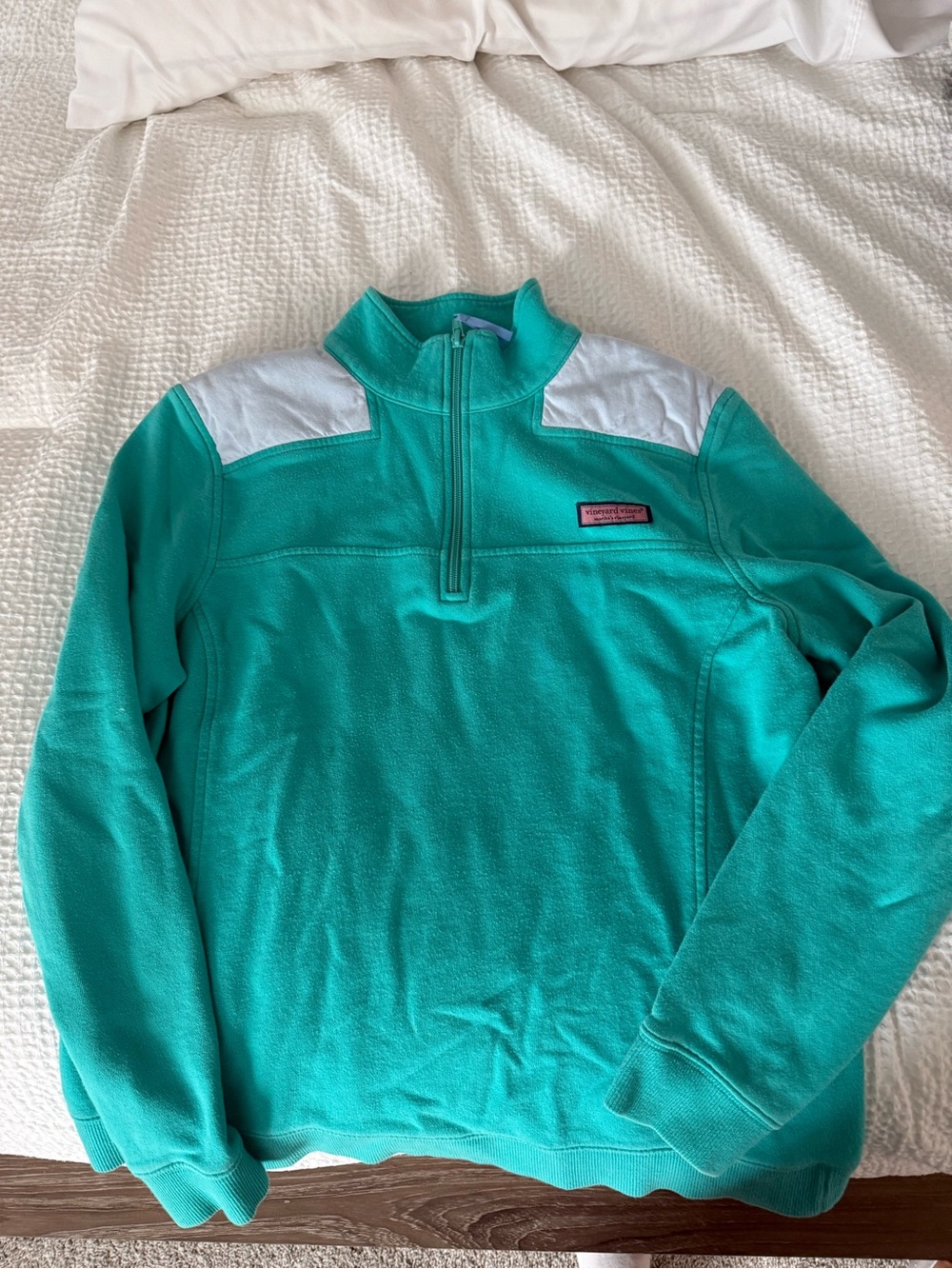 Vineyard Vines Teal Quarter-Zip Sweater with White Shoulder Panels